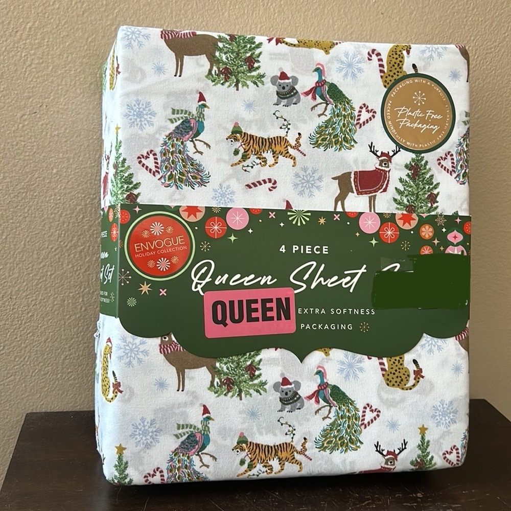 Envogue Queen Sheet Set New Christmas Safari Animals Tiger Reindeer Peacock - Picture 3 of 3